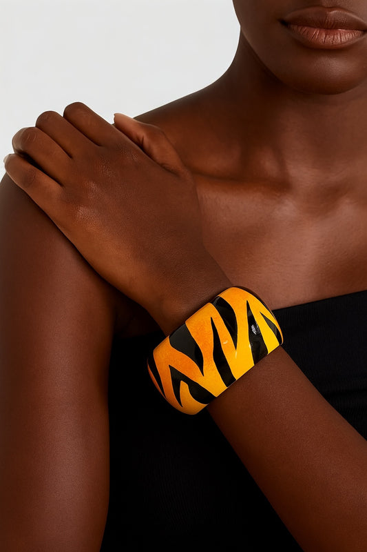 Bold Tiger Stripe Wooden Bangle – Chunky Hand-Painted Ethnic Bracelet - Fatisha Boutique #