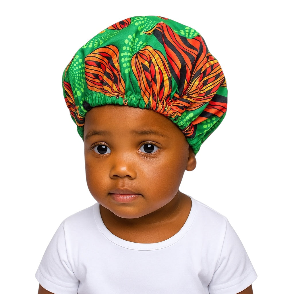 Kids Reversible Satin Bonnet Caps - Ankara Print for Hair Protection