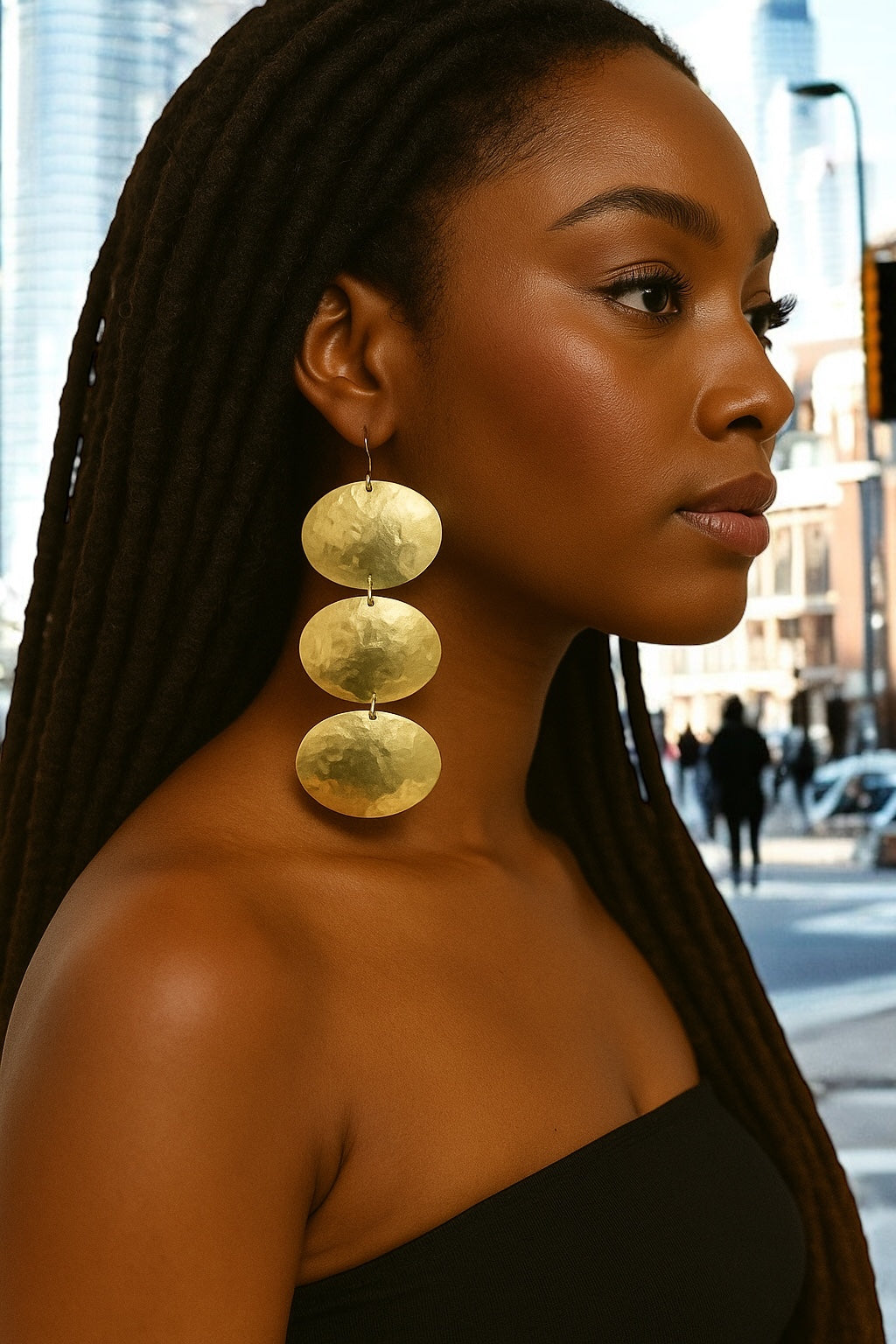 Triple Oval Brass Drop Earrings – Handmade Hammered Statement Jewellery - Fatisha Boutique #