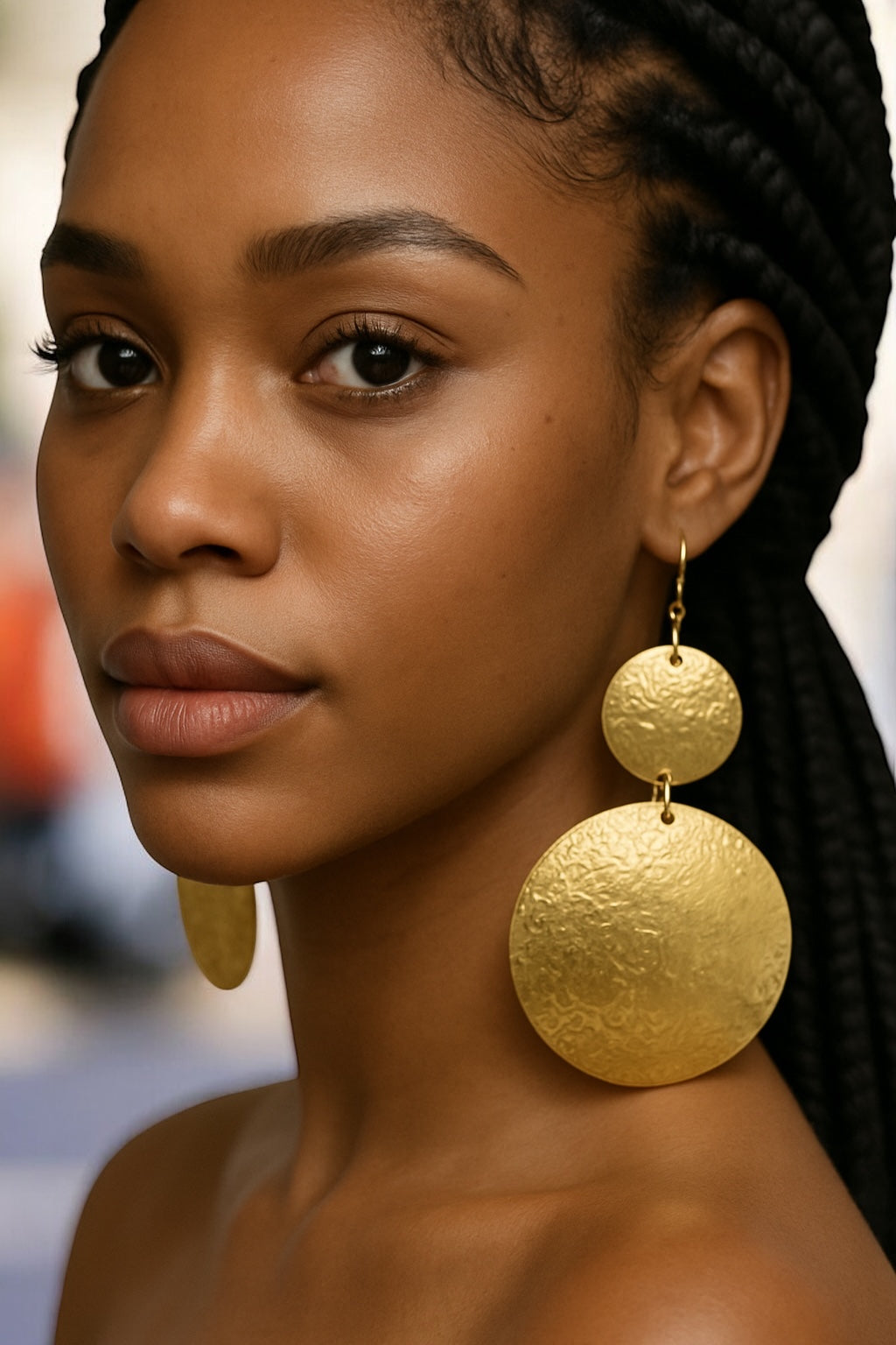 African Earrings – Gold Textured Double Disc Dangle Statement Jewellery - Fatisha Boutique #
