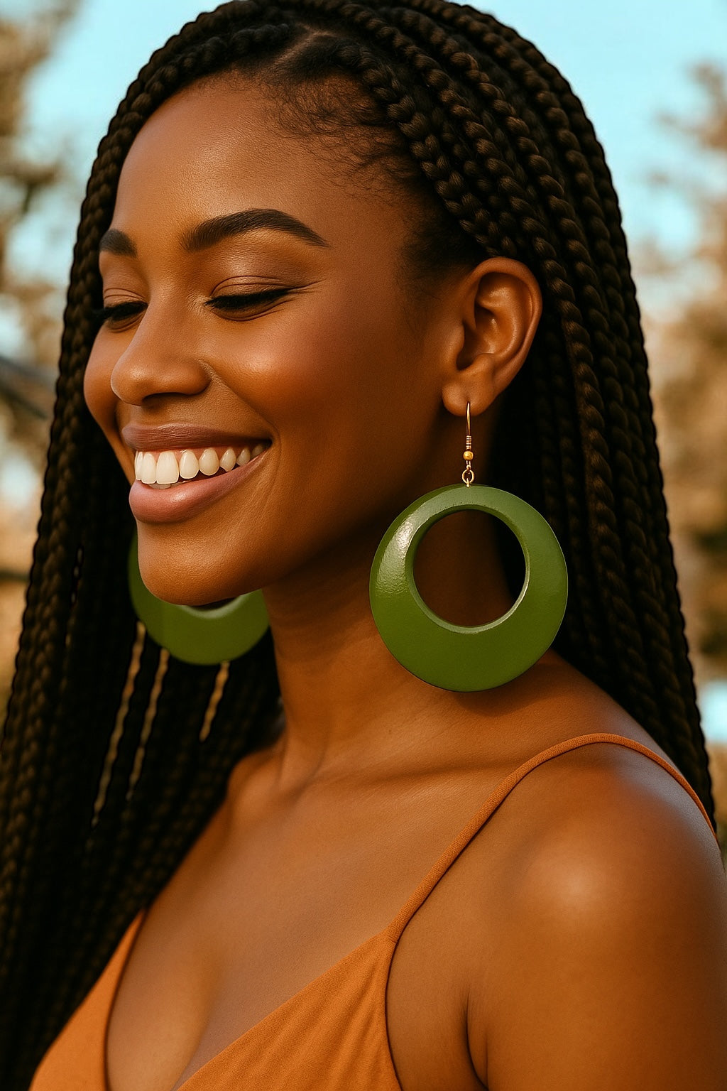 Handmade Green Wooden Dangle Earrings – Boho Ethnic Round Drop Jewellery for Women UK - Fatisha Boutique #