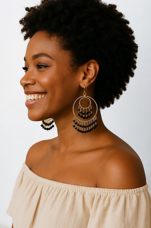 Boho Chic Beaded Hoop Earrings – Layered Black Dangle Statement Jewellery - Fatisha Boutique #