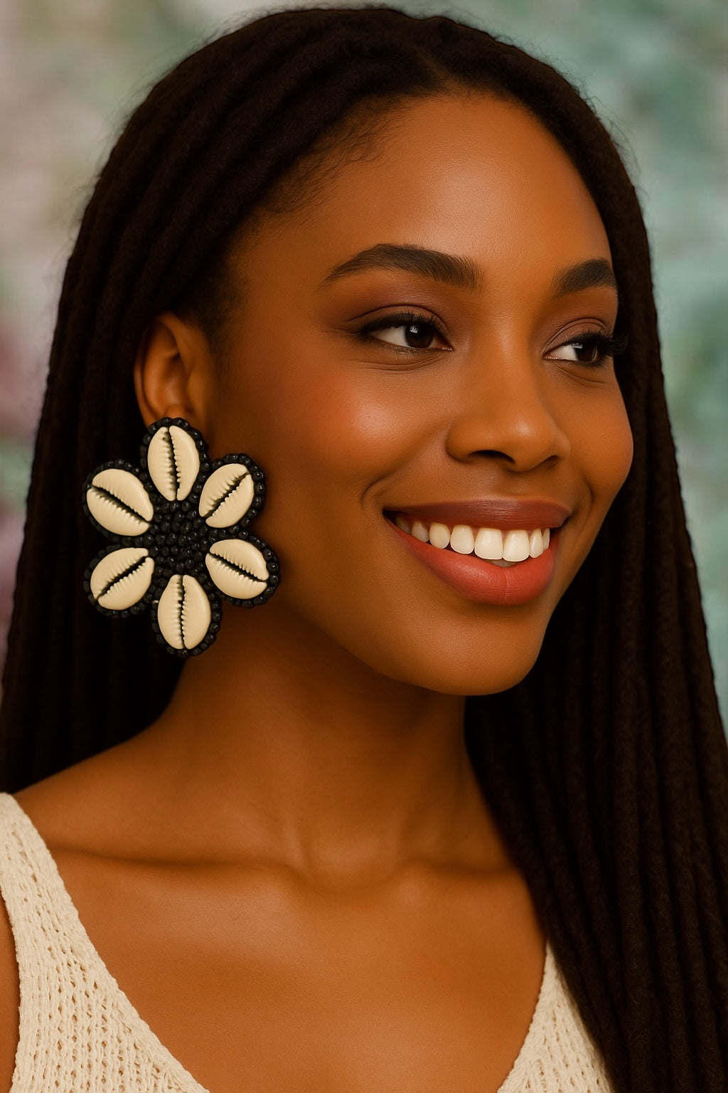 Handmade Cowrie Shell Floral Earrings – Tribal Beaded Statement Jewellery - Fatisha Boutique #