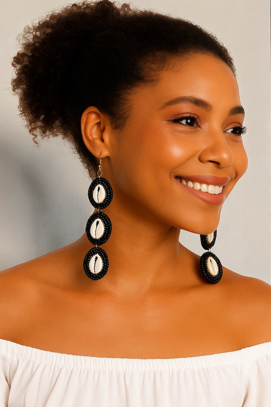 Handmade Long Cowrie Shell Beaded Statement Dangle Earrings – Boho Black & Natural Shell Glam - Fatisha Boutique #