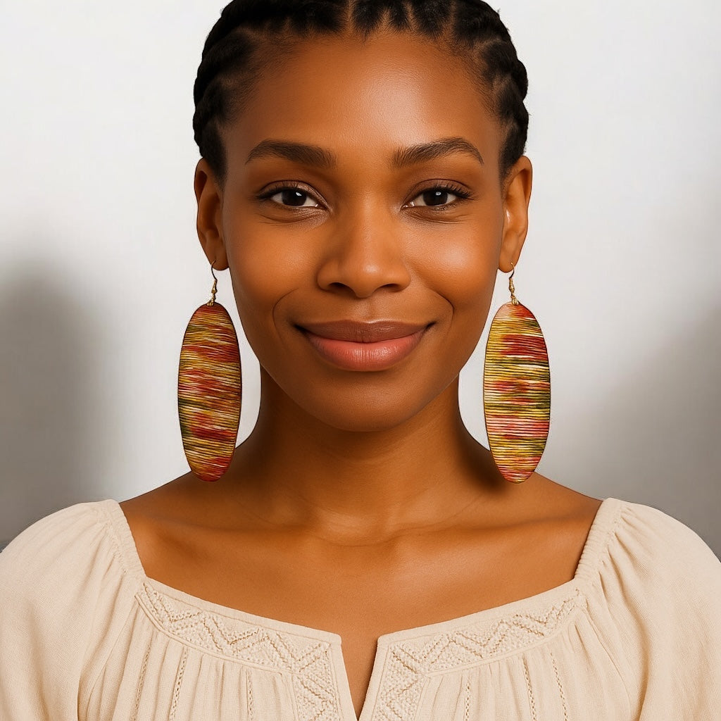 Multicolour Wooden Oval Dangle Earrings – Handcrafted Boho Statement Jewellery - Fatisha Boutique #