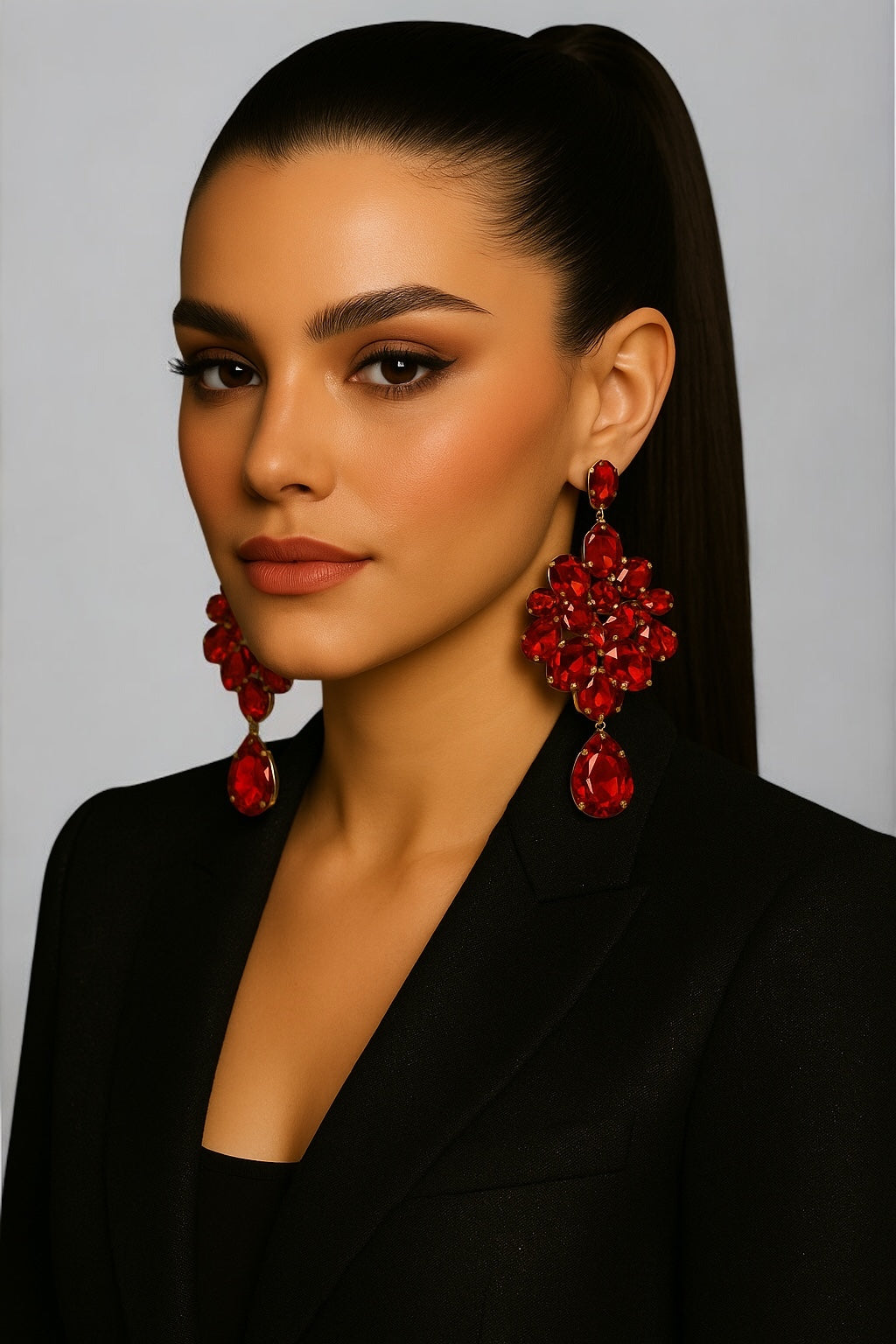 Red Crystal Teardrop Statement Earrings | Bold Glam Gold Chandelier Clip-On or Pierced - Fatisha Boutique #