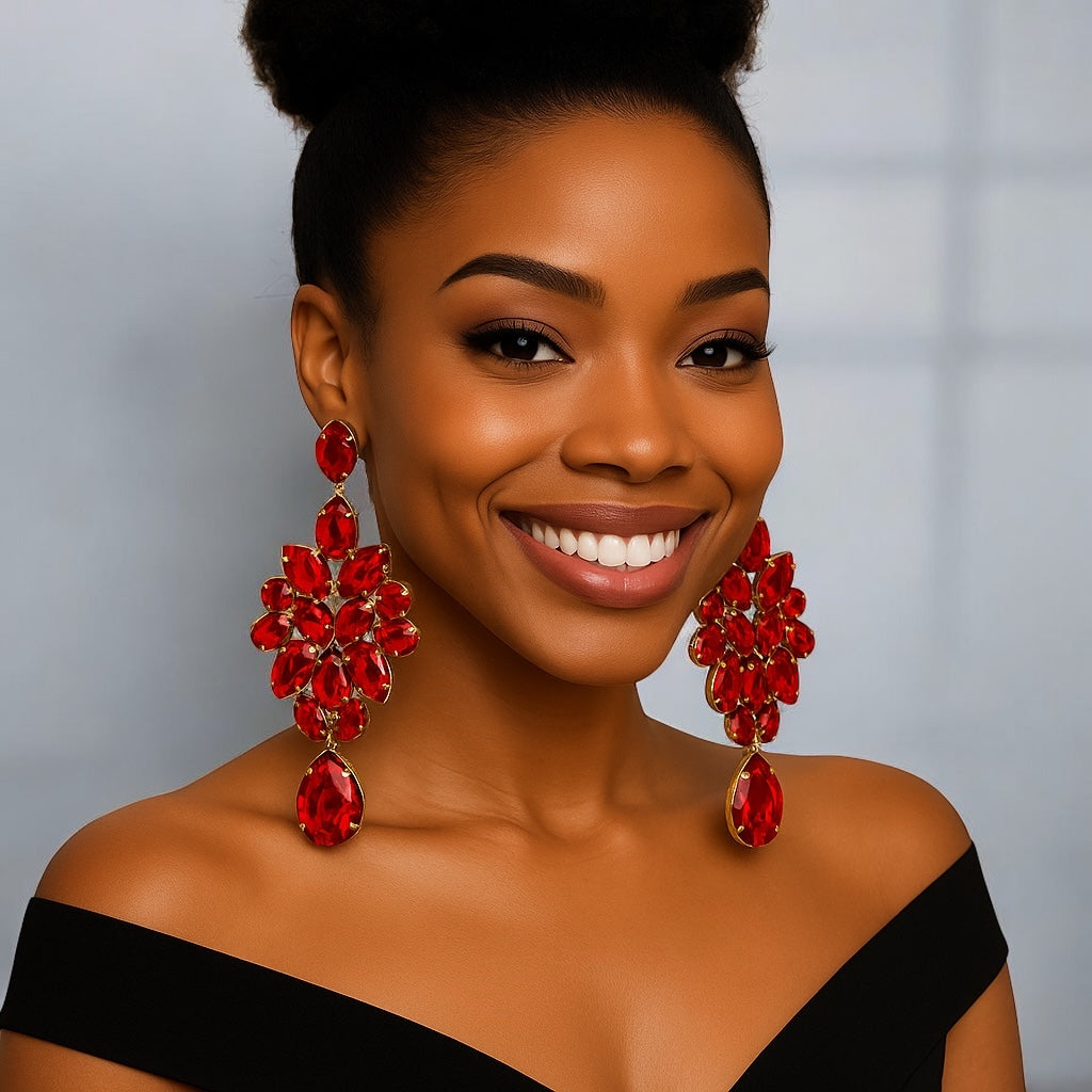 Red Crystal Teardrop Statement Earrings | Bold Glam Gold Chandelier Clip-On or Pierced - Fatisha Boutique #