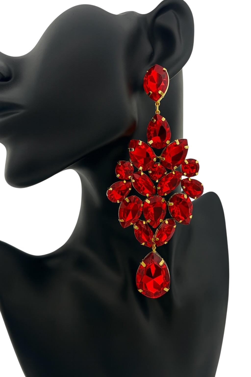 Red Crystal Teardrop Statement Earrings | Bold Glam Gold Chandelier Clip-On or Pierced - Fatisha Boutique #