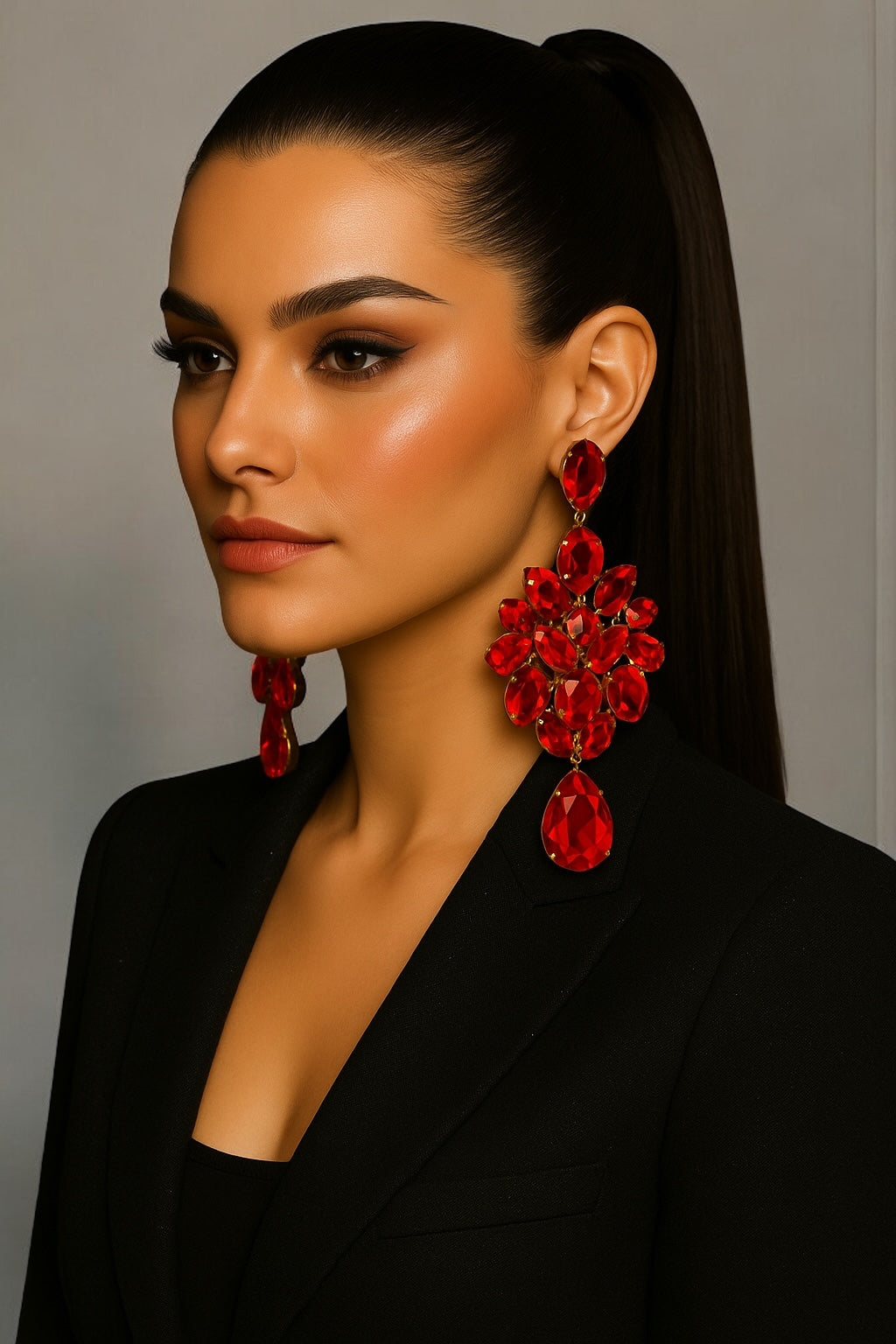 Red Crystal Teardrop Statement Earrings | Bold Glam Gold Chandelier Clip-On or Pierced - Fatisha Boutique #