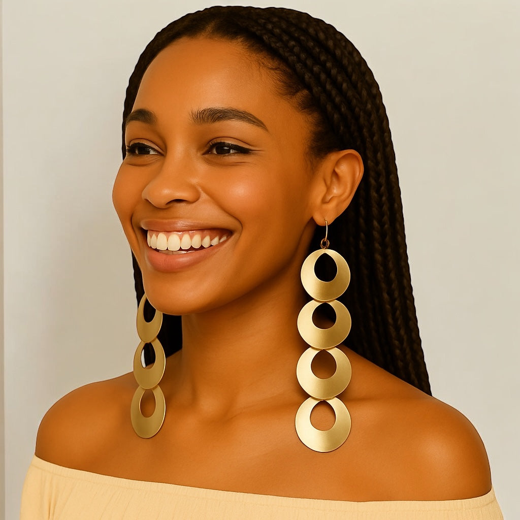 African Long Brass Earrings – Handmade Geometric Dangle Statement Jewellery - Fatisha Boutique #