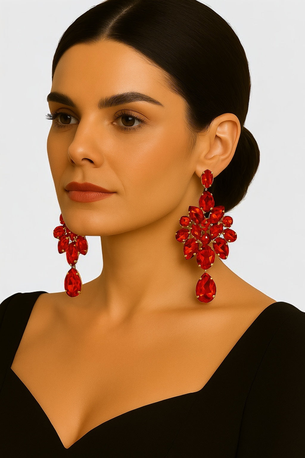 Red Crystal Teardrop Statement Earrings | Bold Glam Gold Chandelier Clip-On or Pierced - Fatisha Boutique #