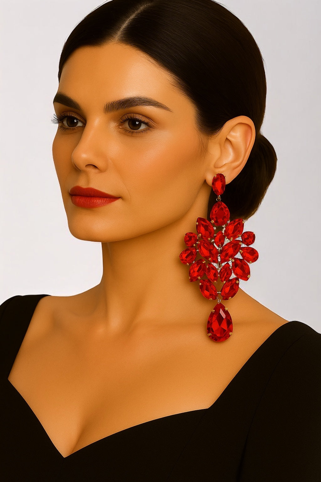 Red Crystal Teardrop Statement Earrings | Bold Glam Gold Chandelier Clip-On or Pierced - Fatisha Boutique #