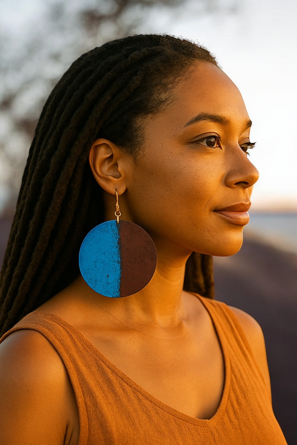 Handcrafted Blue & Burgundy Round Earrings – Bold Brass Dangle Jewellery