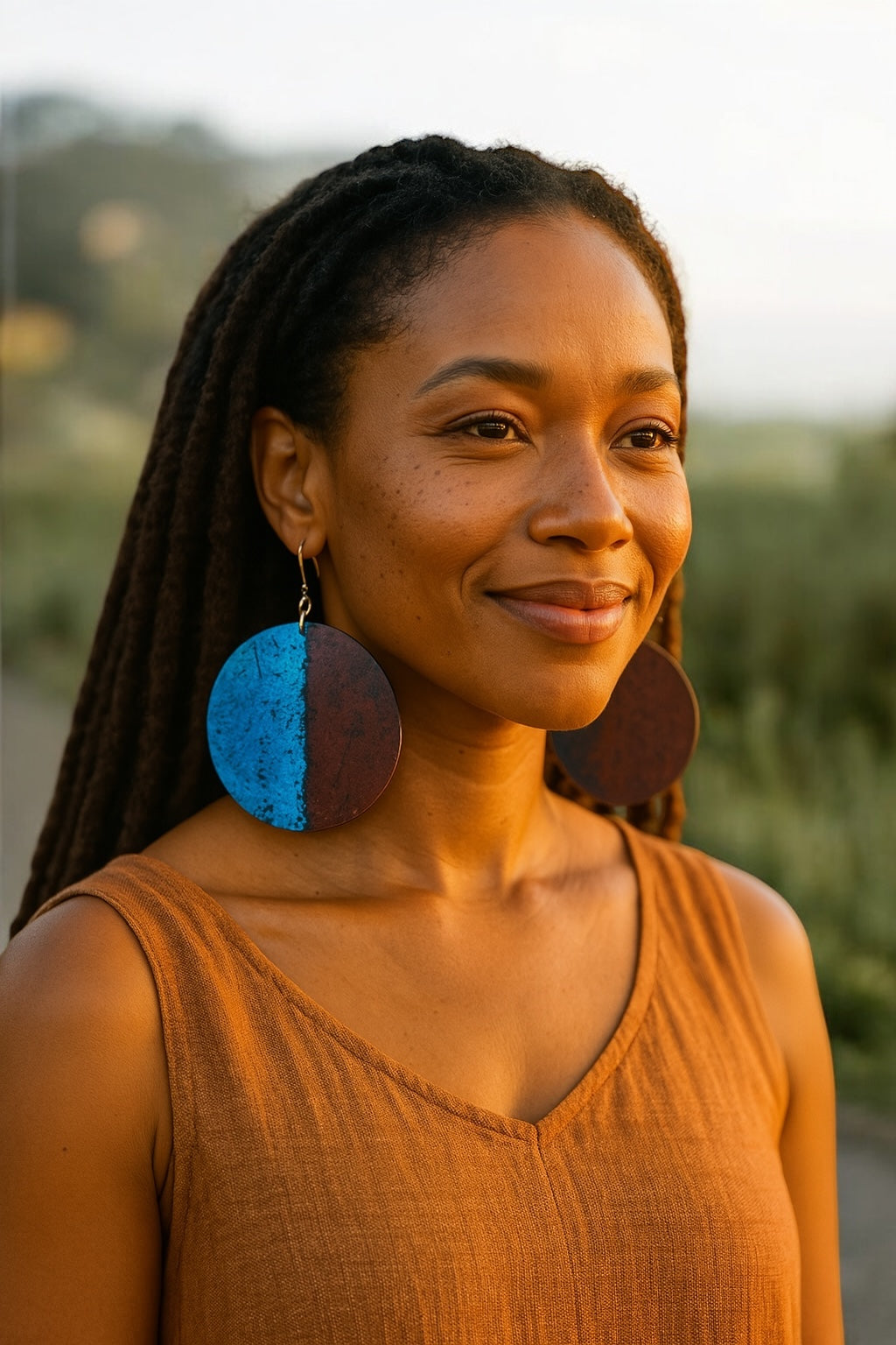 Handcrafted Blue & Burgundy Round Earrings – Bold Brass Dangle Jewellery