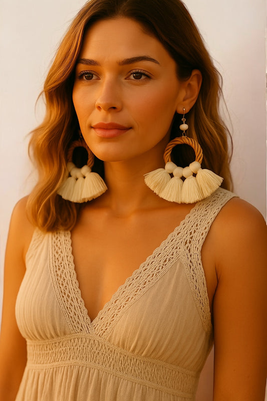 Boho Raffia Tassel Earrings – Handmade Fan Drop Earrings Bohemian Jewellery - Fatisha Boutique #