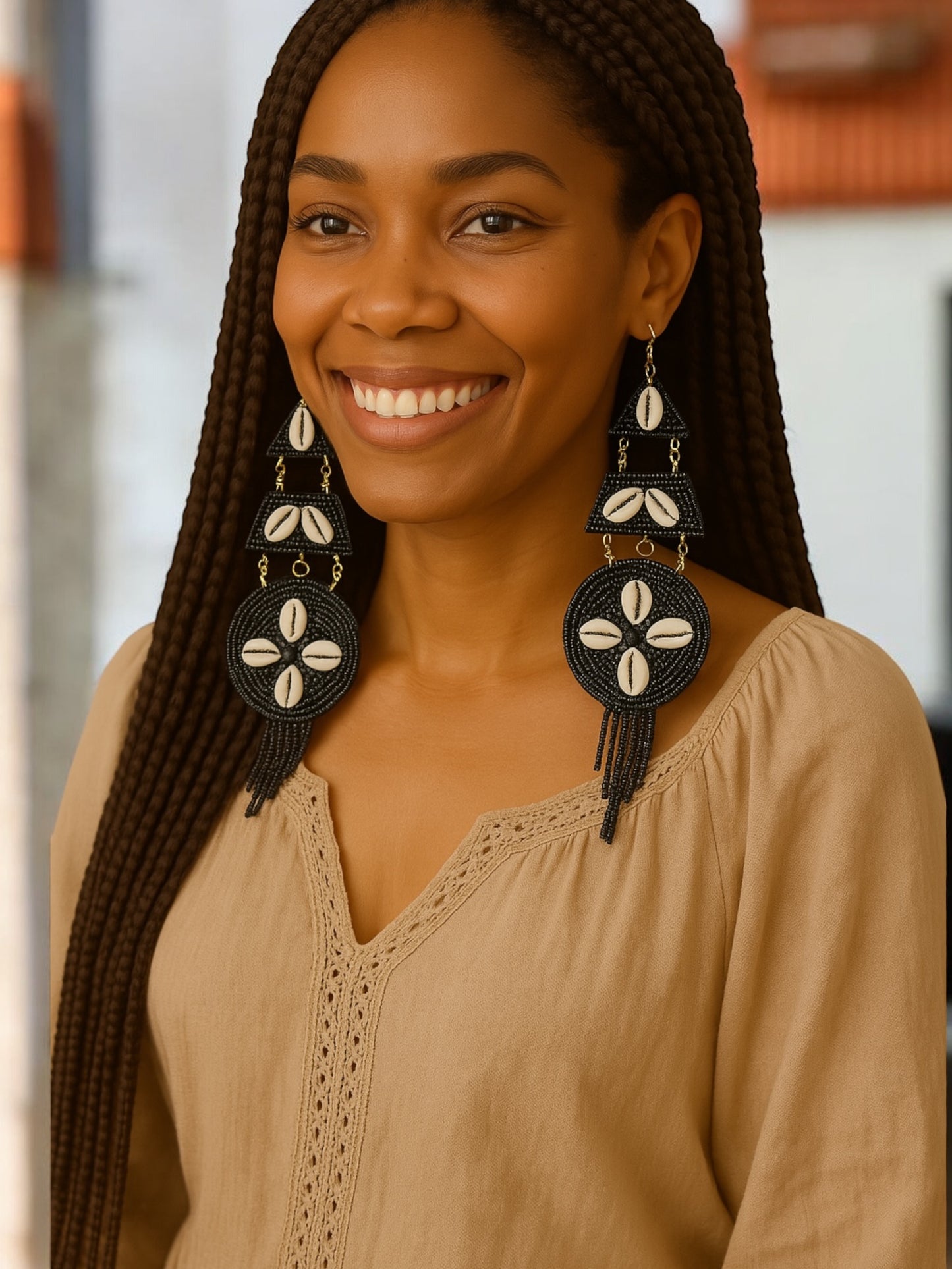Handmade Beaded Cowrie Shell Earrings – Long African Statement Jewellery - Fatisha Boutique #