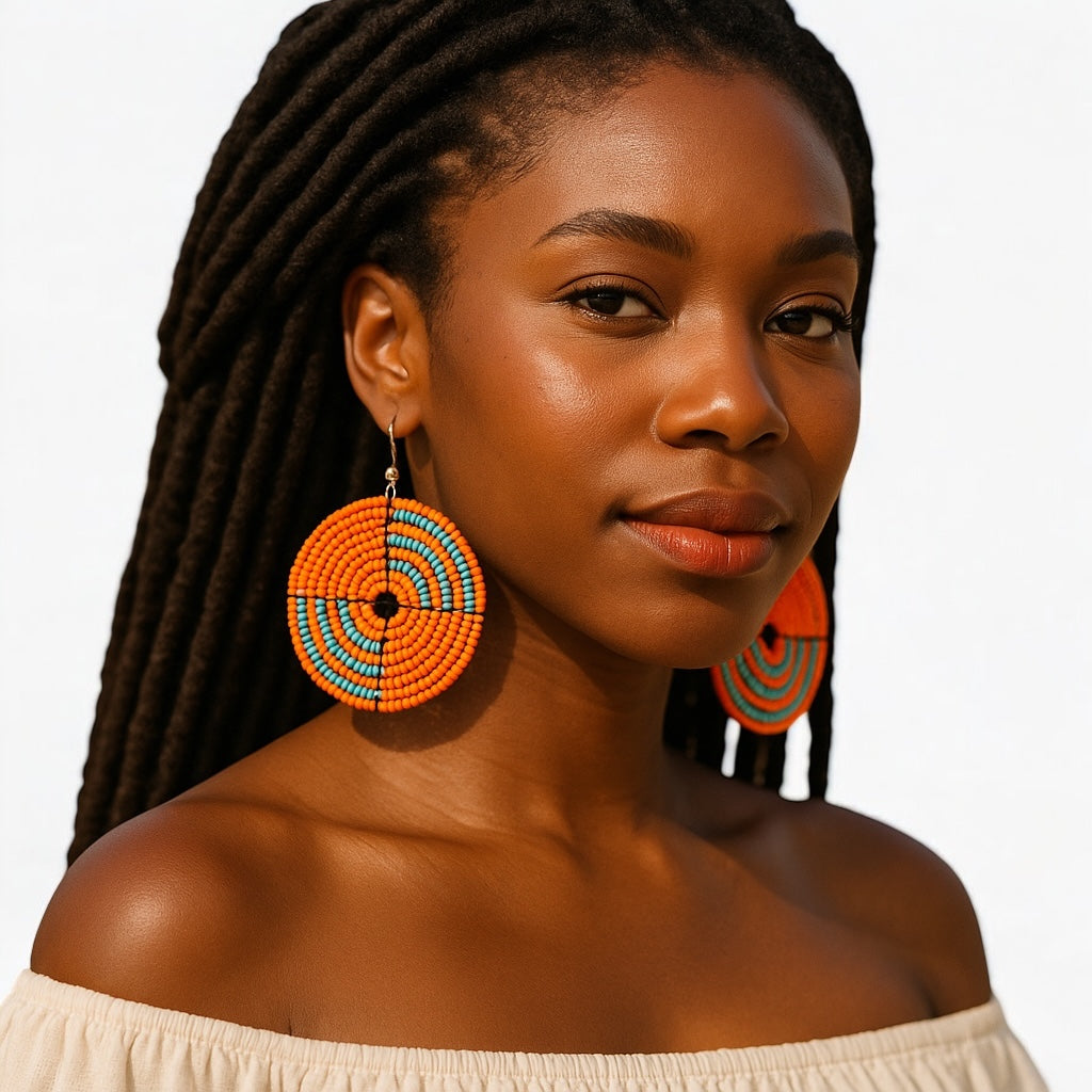 Handmade African Orange Beaded Dangle Earrings – Bold Ethnic Artisan Jewellery - Fatisha Boutique #