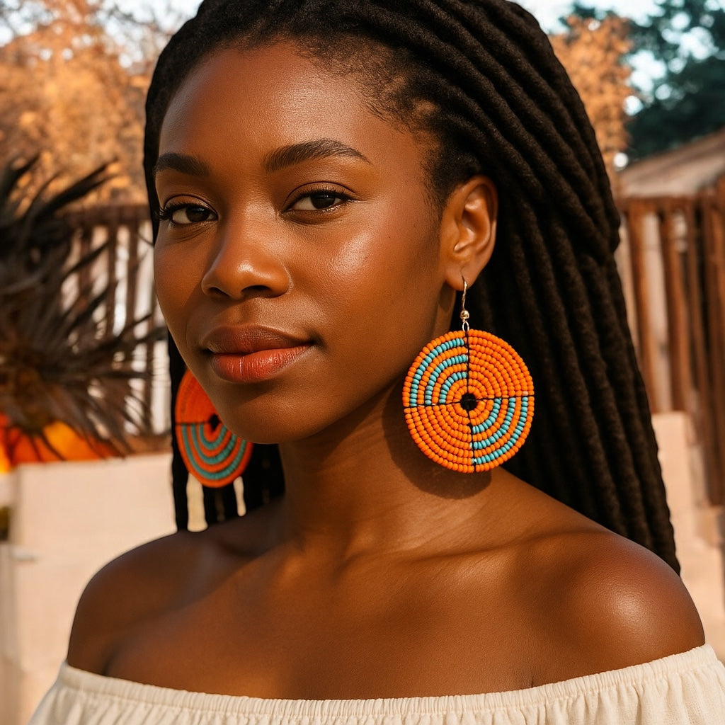 Handmade African Orange Beaded Dangle Earrings – Bold Ethnic Artisan Jewellery - Fatisha Boutique #