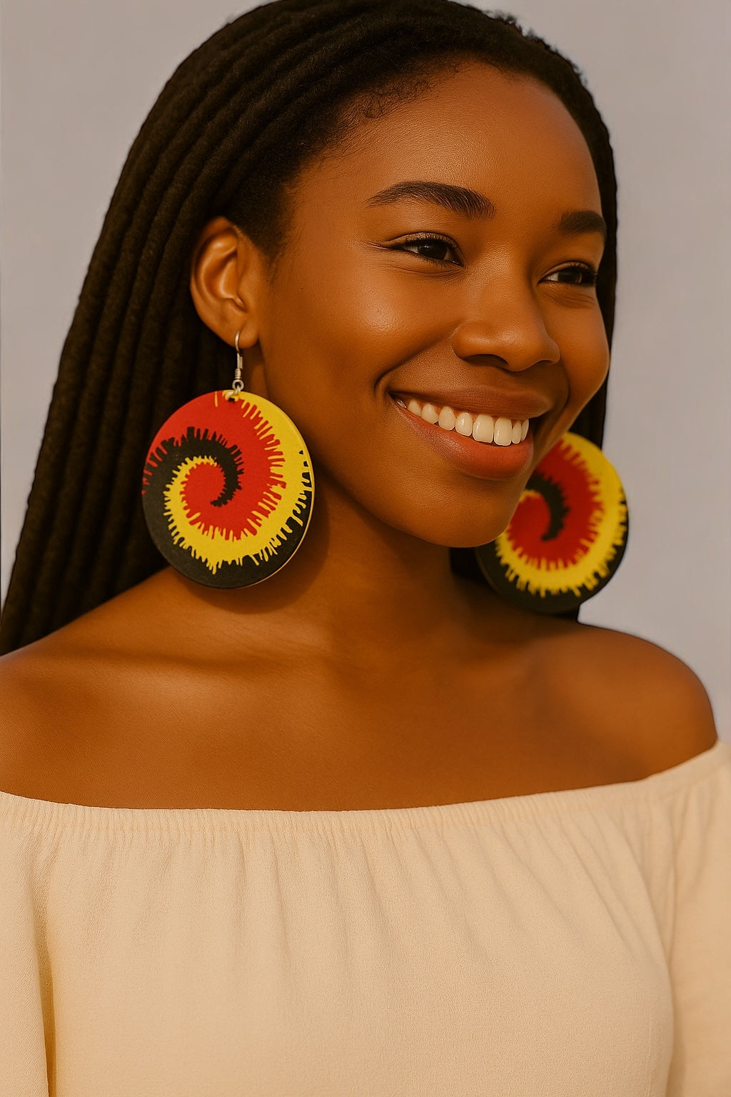 Rasta Spiral Wooden Earrings – Double-Sided Red, Green, Yellow Statement Jewellery - Fatisha Boutique #