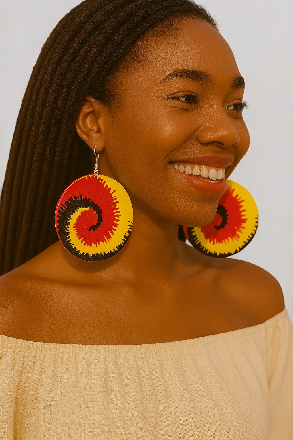 Rasta Spiral Wooden Earrings – Double-Sided Red, Green, Yellow Statement Jewellery - Fatisha Boutique #