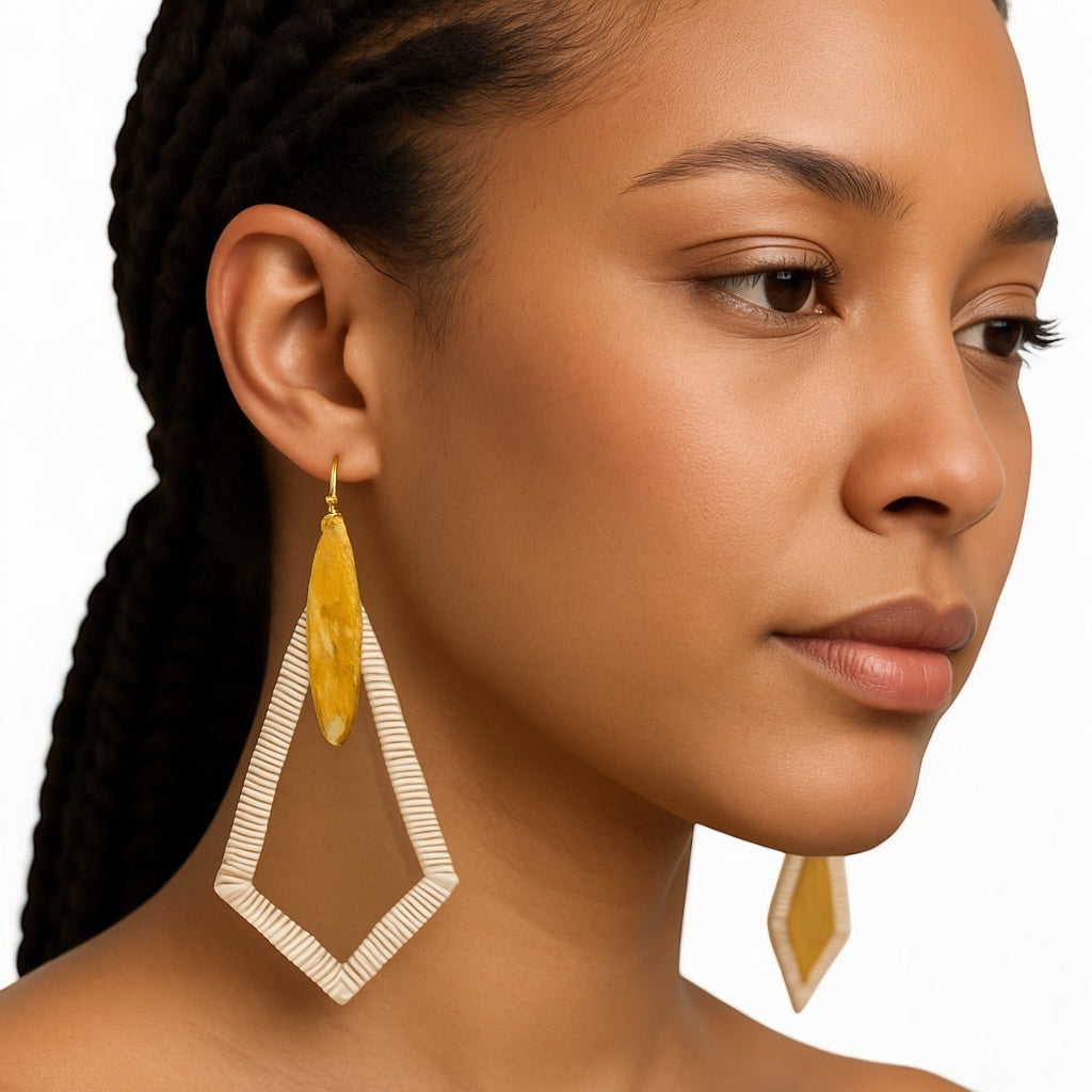 Bohemian Natural Buffalo Horn Drop Earrings – Rhodium Accent Geometric Tribal Style