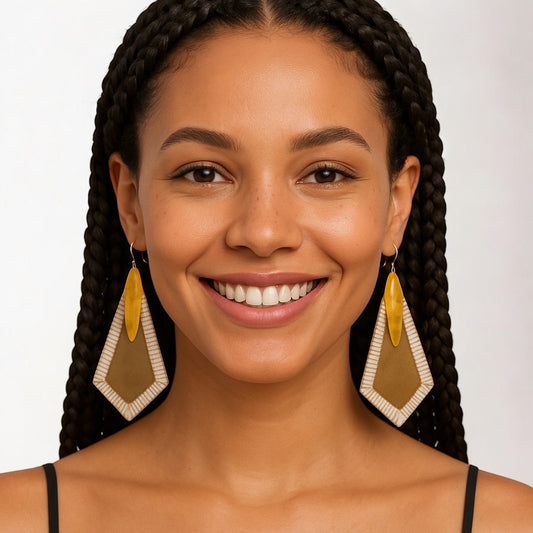 Bohemian Natural Buffalo Horn Drop Earrings – Rhodium Accent Geometric Tribal Style - Fatisha Boutique #