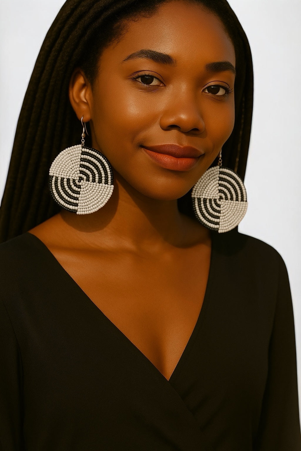 Black & White African Beaded Circle Earrings – Handmade Ethnic Dangle Jewellery - Fatisha Boutique #