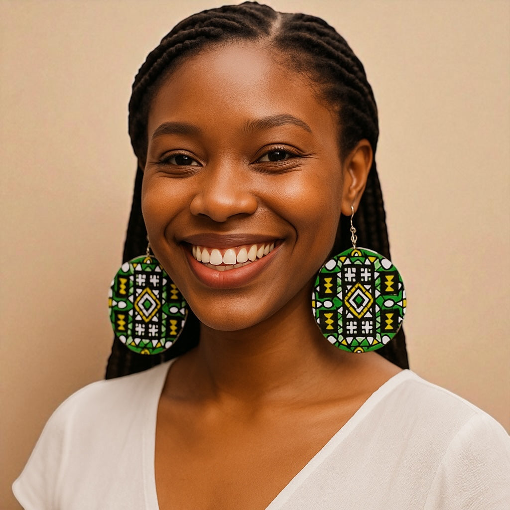 Double-Sided African Print Wooden Earrings – Lightweight Tribal Dangles - Fatisha Boutique #