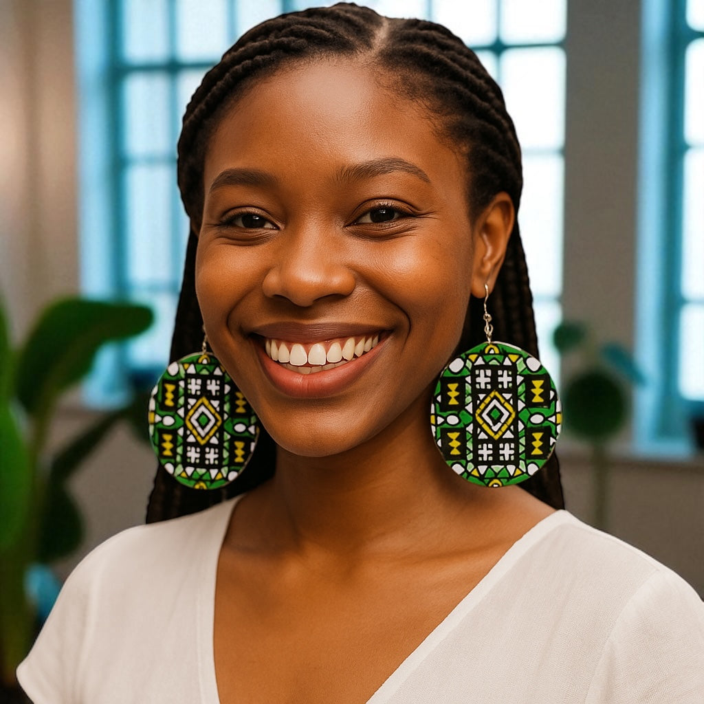 Double-Sided African Print Wooden Earrings – Lightweight Tribal Dangles - Fatisha Boutique #