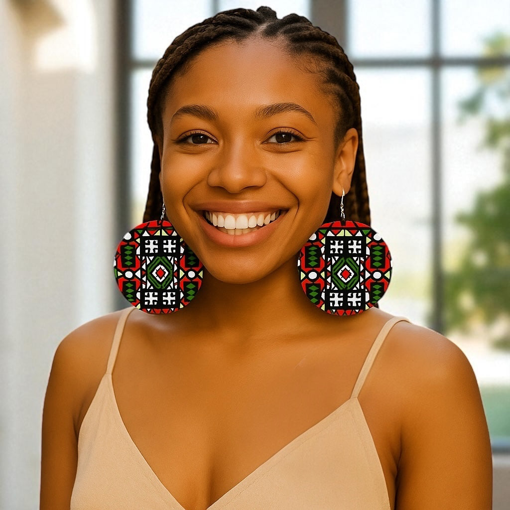 Double-Sided African Print Wooden Earrings – Lightweight Tribal Dangles - Fatisha Boutique #