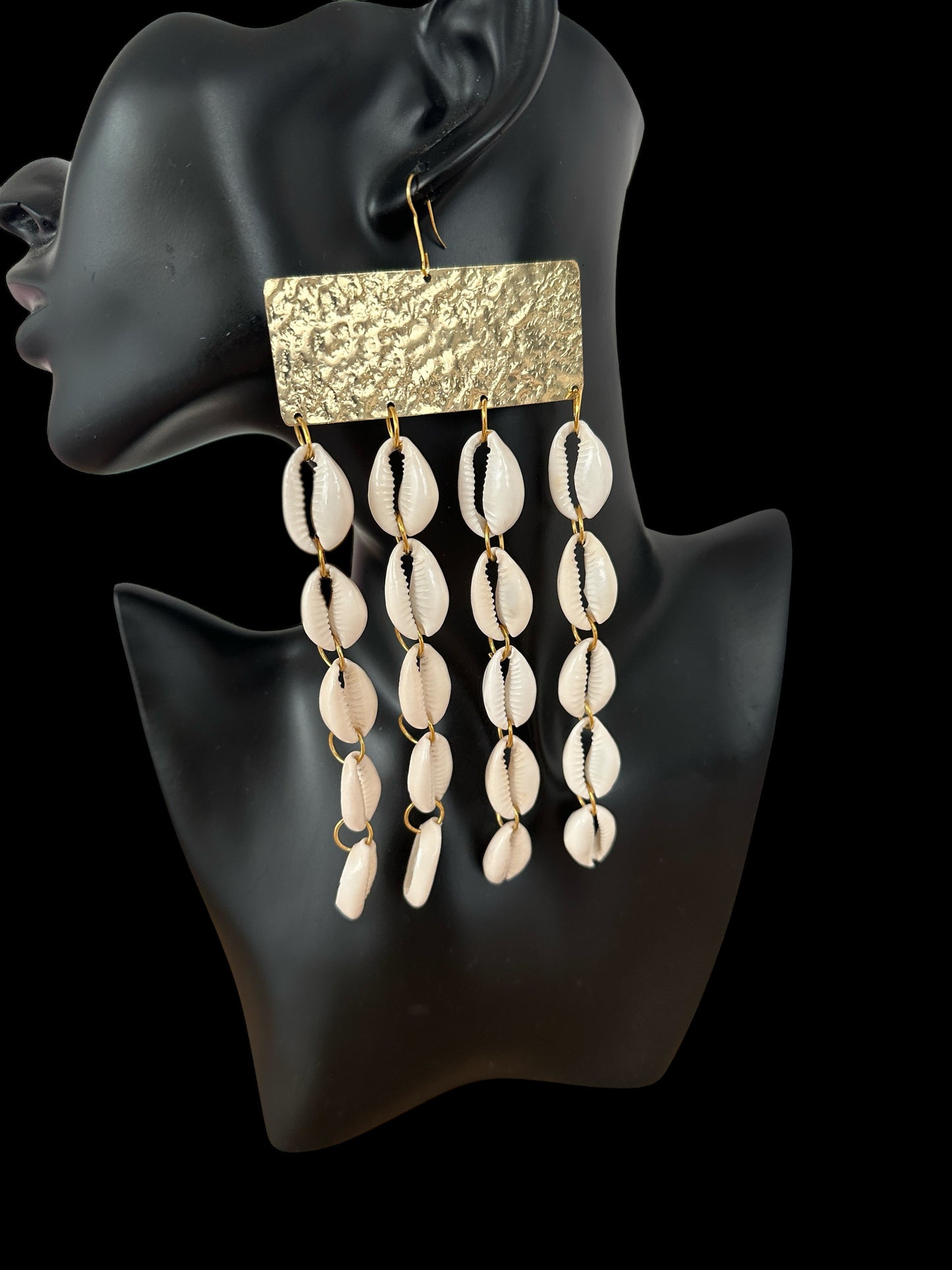 African Cowrie Shell Earrings – Gold Hammered Plate Tribal Statement Jewellery - Fatisha Boutique #