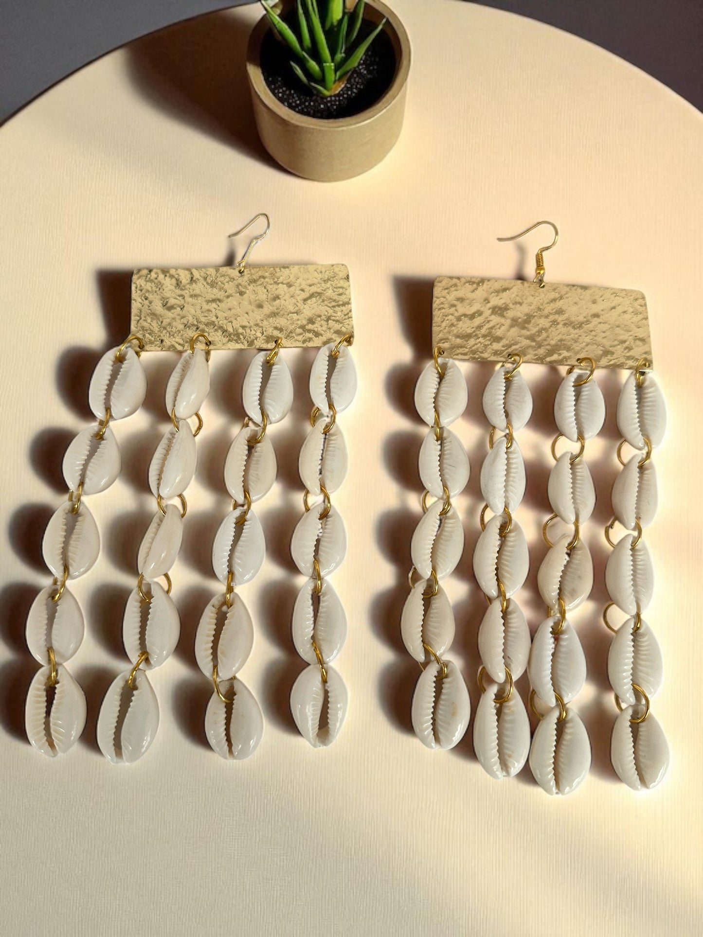 African Cowrie Shell Earrings – Gold Hammered Plate Tribal Statement Jewellery - Fatisha Boutique #