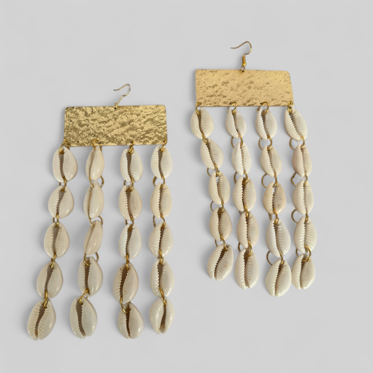 African Cowrie Shell Earrings – Gold Hammered Plate Tribal Statement Jewellery - Fatisha Boutique #