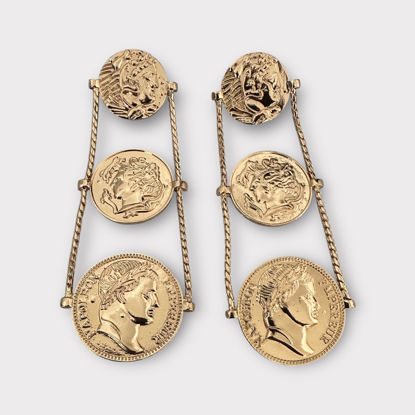 Long Gold Plated Coin Dangle Earrings – Elegant Ancient Roman Style Jewellery - Fatisha Boutique #