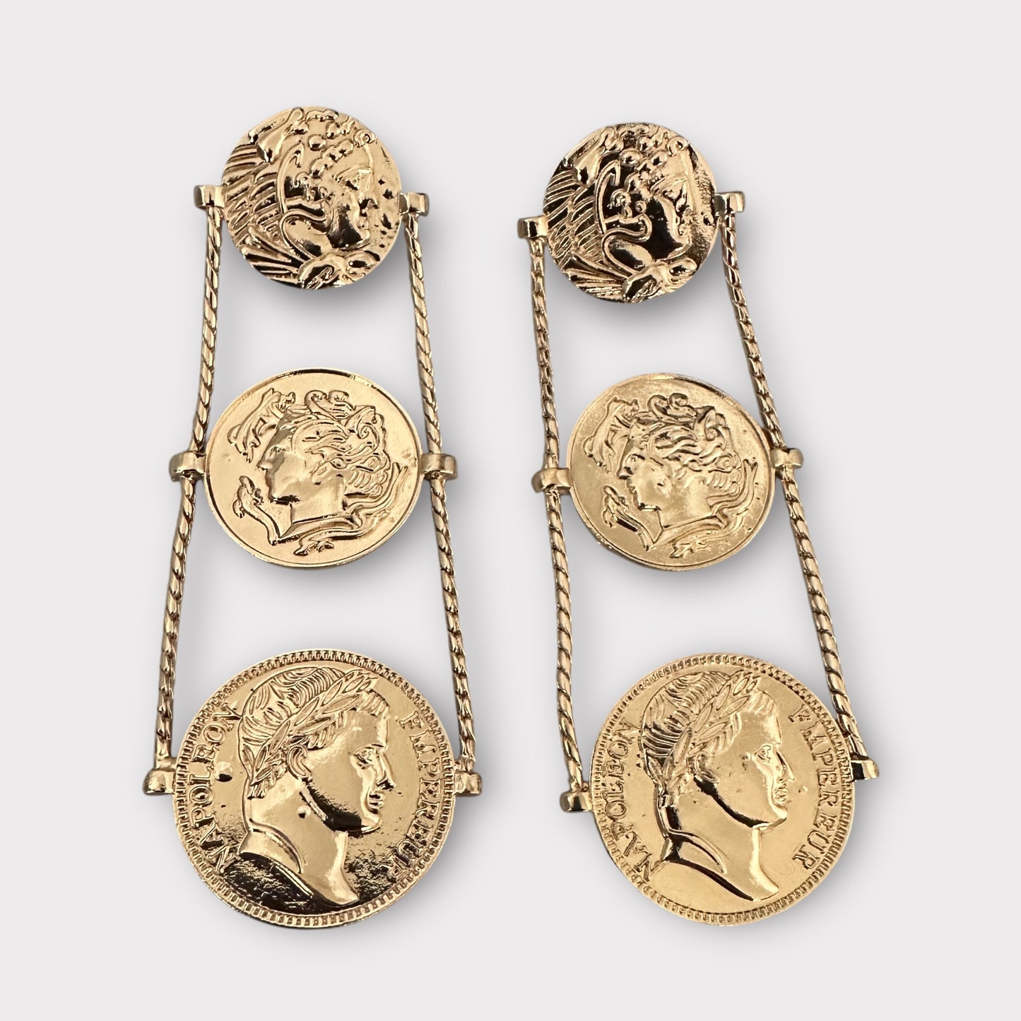 Long Gold Plated Coin Dangle Earrings – Elegant Ancient Roman Style Jewellery - Fatisha Boutique #