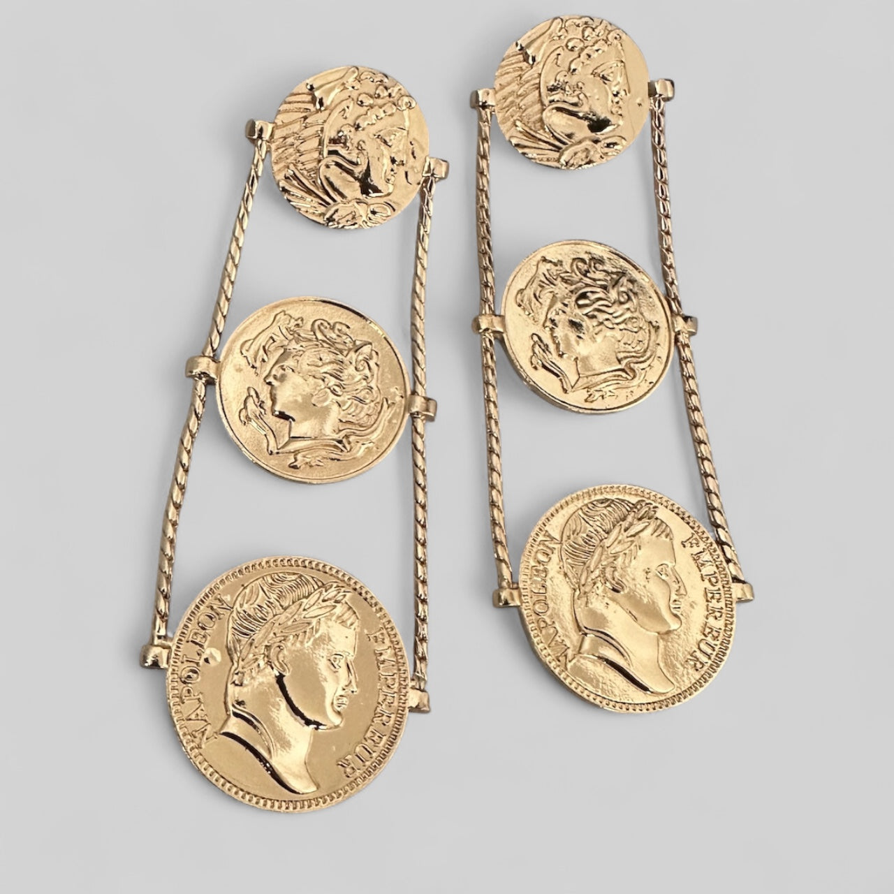 Long Gold Plated Coin Dangle Earrings – Elegant Ancient Roman Style Jewellery - Fatisha Boutique #