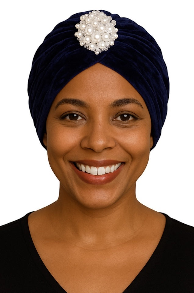Elegant Velvet Turban Cap with Pearl Beads – Pre-Tied, Lightweight, Ready to Wear Headwrap for Women - Fatisha Boutique #