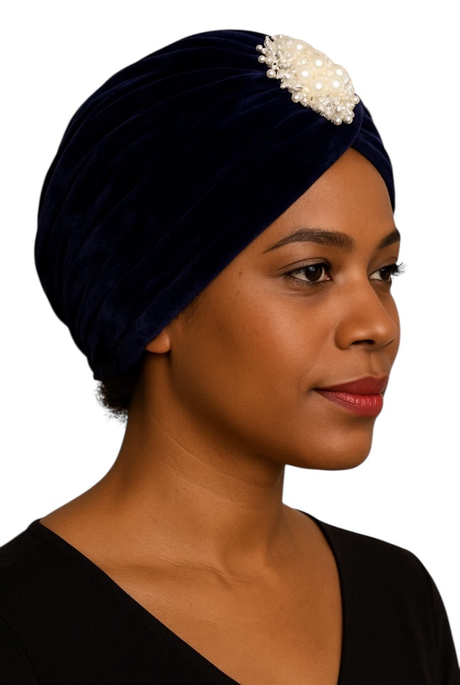 Elegant Velvet Turban Cap with Pearl Beads – Pre-Tied, Lightweight, Ready to Wear Headwrap for Women - Fatisha Boutique #