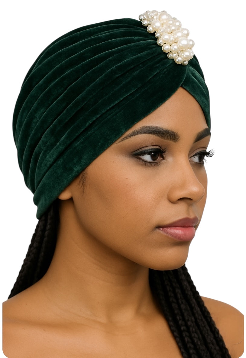 Elegant Velvet Turban Cap with Pearl Beads – Pre-Tied, Lightweight, Ready to Wear Headwrap for Women - Fatisha Boutique #