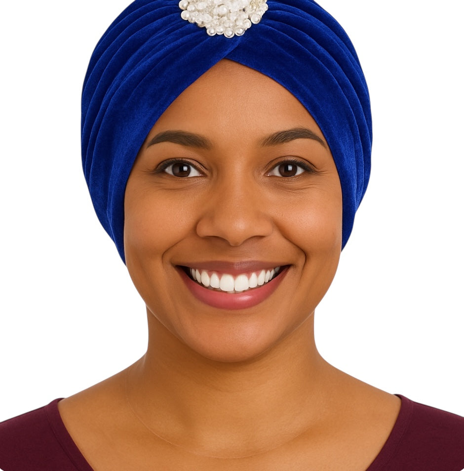 Elegant Velvet Turban Cap with Pearl Beads – Pre-Tied, Lightweight, Ready to Wear Headwrap for Women - Fatisha Boutique #