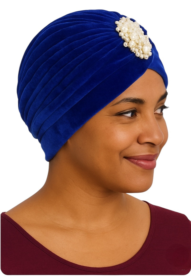 Elegant Velvet Turban Cap with Pearl Beads – Pre-Tied, Lightweight, Ready to Wear Headwrap for Women - Fatisha Boutique #
