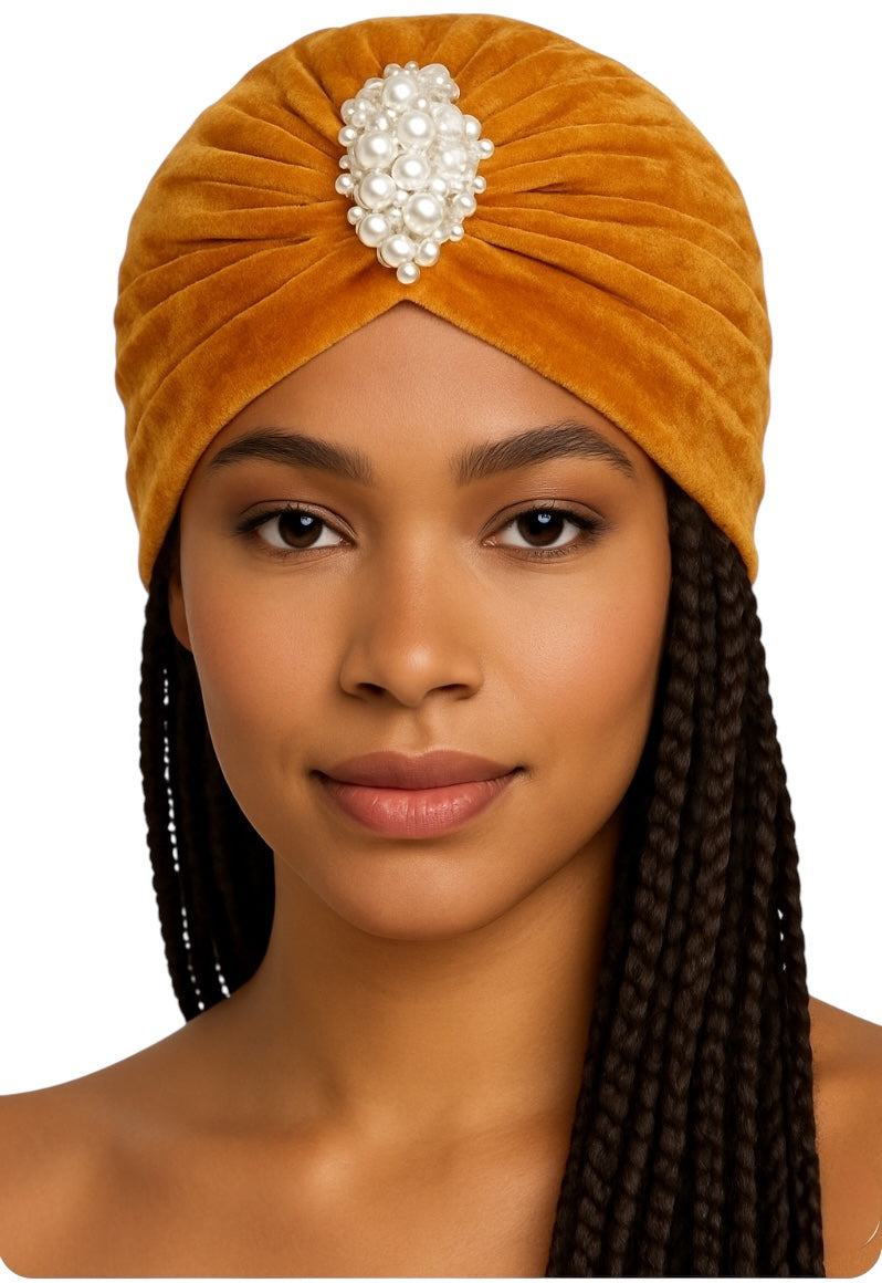 Elegant Velvet Turban Cap with Pearl Beads – Pre-Tied, Lightweight, Ready to Wear Headwrap for Women - Fatisha Boutique #