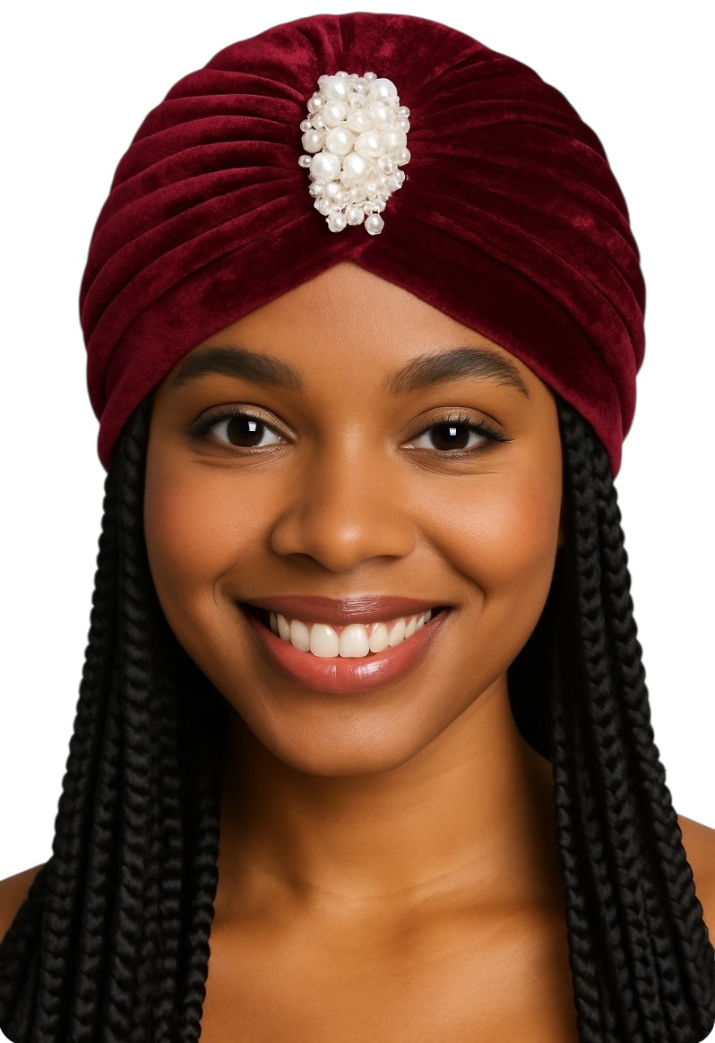 Elegant Velvet Turban Cap with Pearl Beads – Pre-Tied, Lightweight, Ready to Wear Headwrap for Women - Fatisha Boutique #