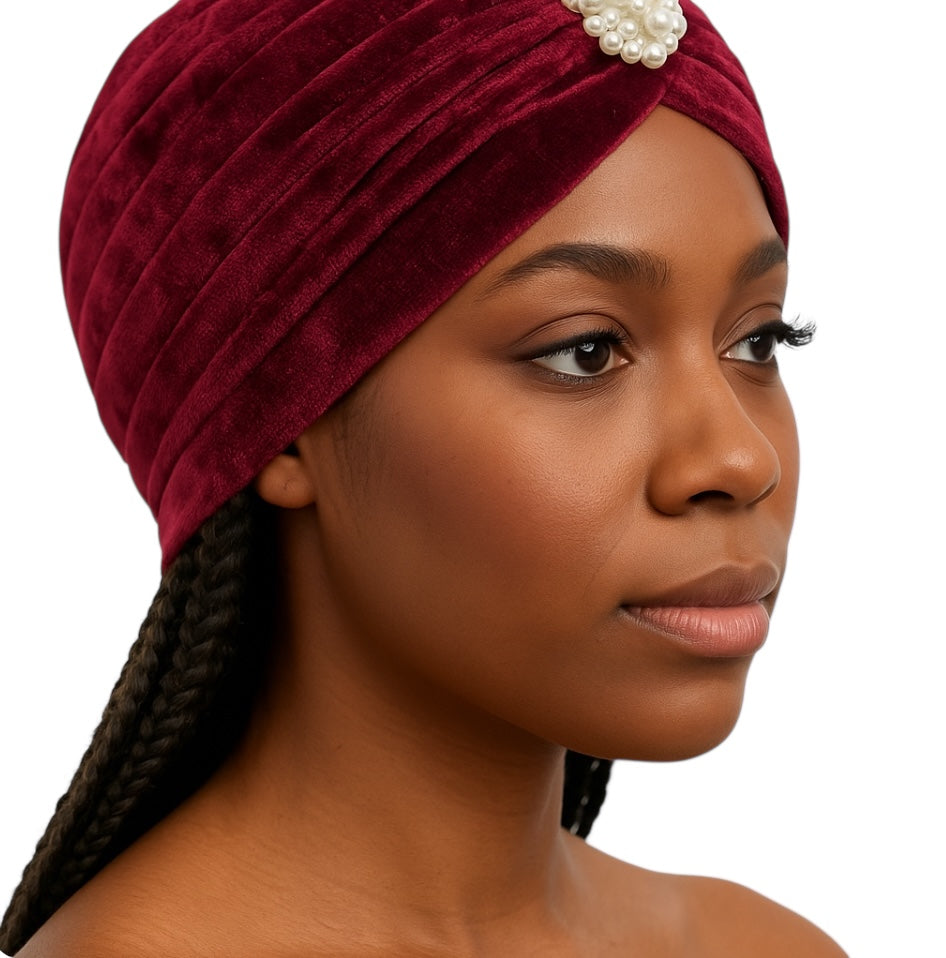 Elegant Velvet Turban Cap with Pearl Beads – Pre-Tied, Lightweight, Ready to Wear Headwrap for Women - Fatisha Boutique #