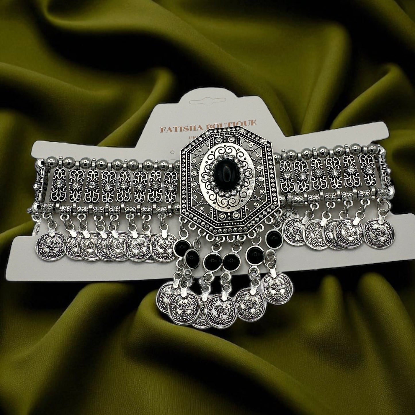 Bohemian Tribal Coins Choker Necklace – Ethnic Rhinestone Statement Jewellery - Fatisha Boutique #