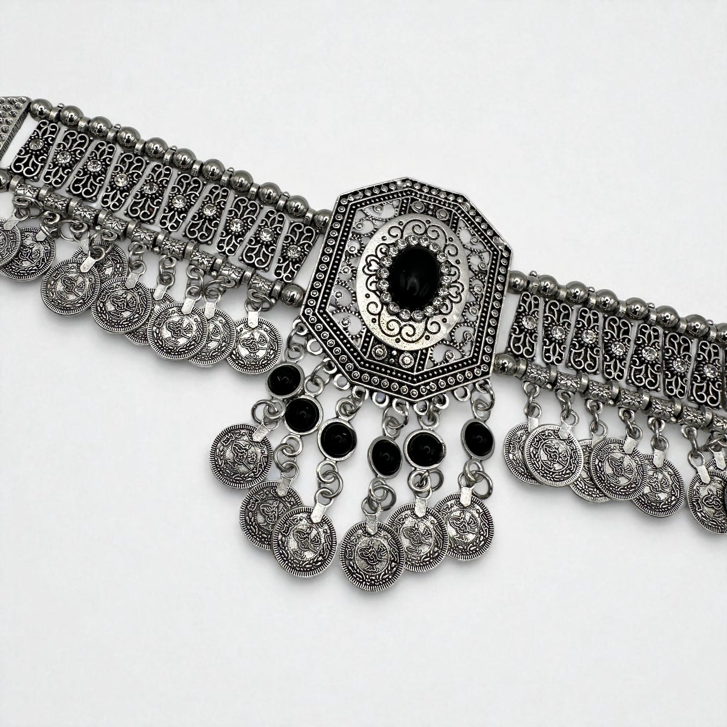 Bohemian Tribal Coins Choker Necklace – Ethnic Rhinestone Statement Jewellery - Fatisha Boutique #