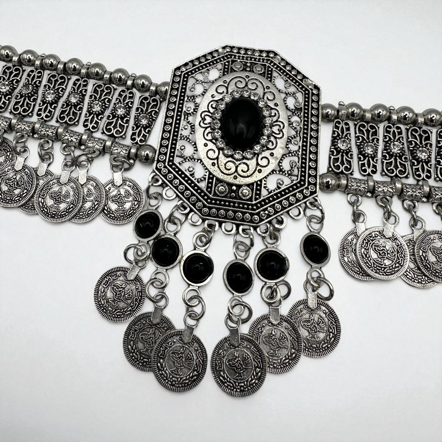 Bohemian Tribal Coins Choker Necklace – Ethnic Rhinestone Statement Jewellery - Fatisha Boutique #