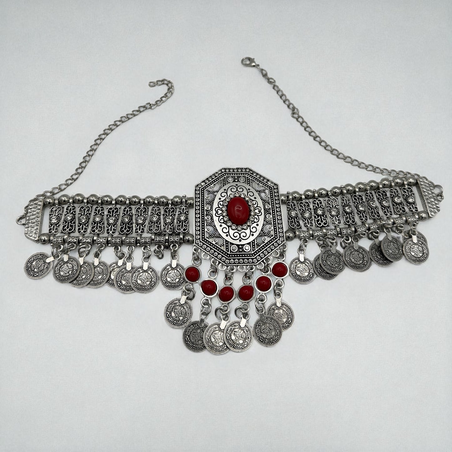 Bohemian Tribal Coins Choker Necklace – Ethnic Rhinestone Statement Jewellery - Fatisha Boutique #