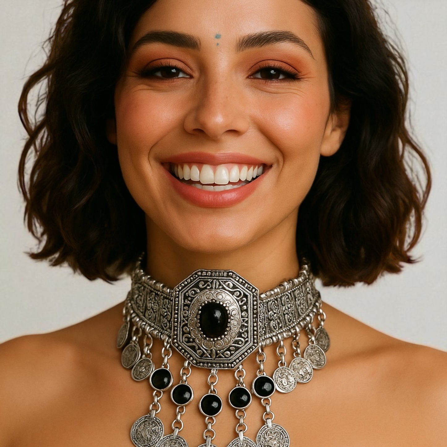 Bohemian Tribal Coins Choker Necklace – Ethnic Rhinestone Statement Jewellery - Fatisha Boutique #