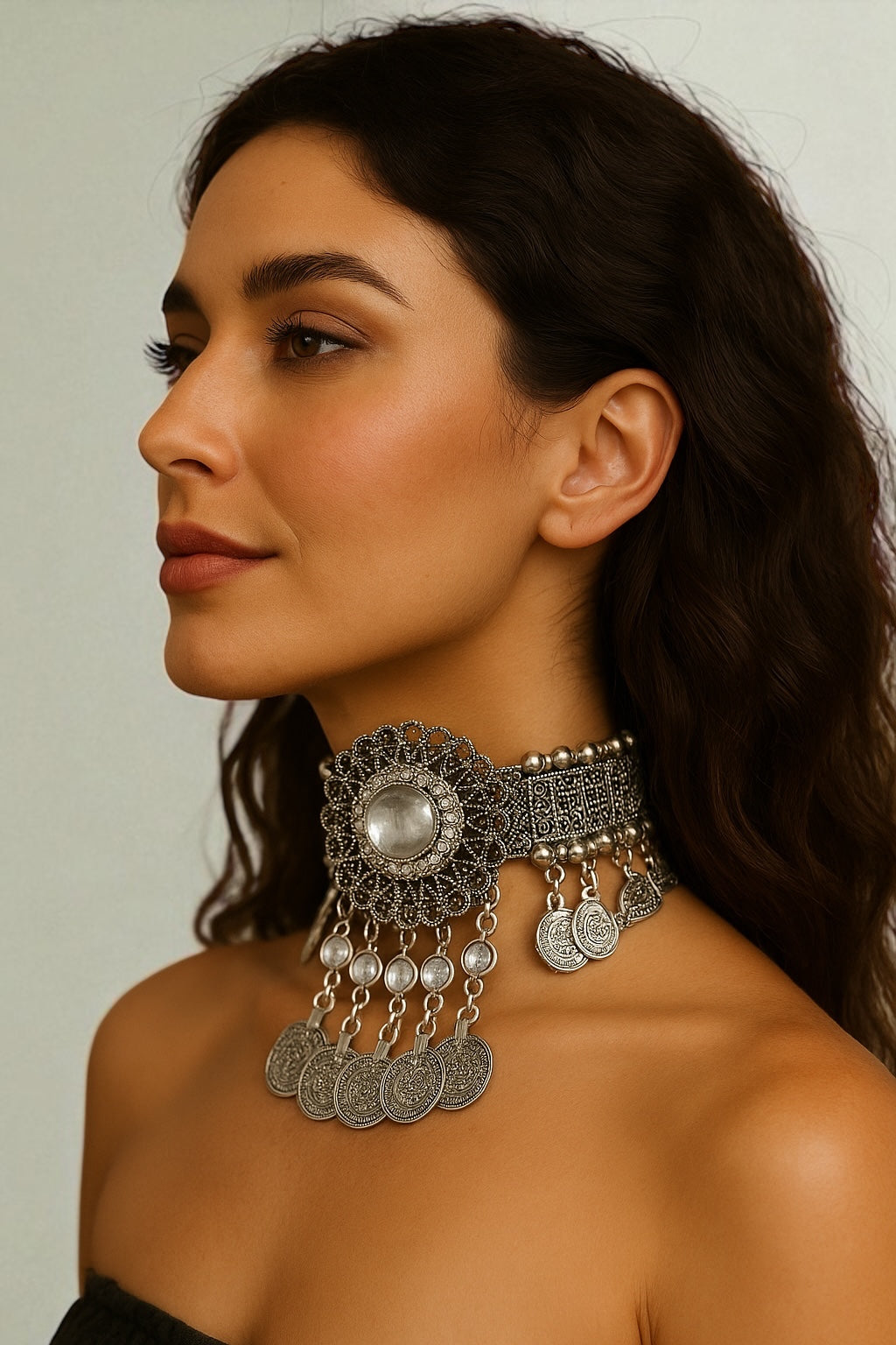 Bohemian Tribal Coins Choker Necklace – Ethnic Rhinestone Statement Jewellery - Fatisha Boutique #
